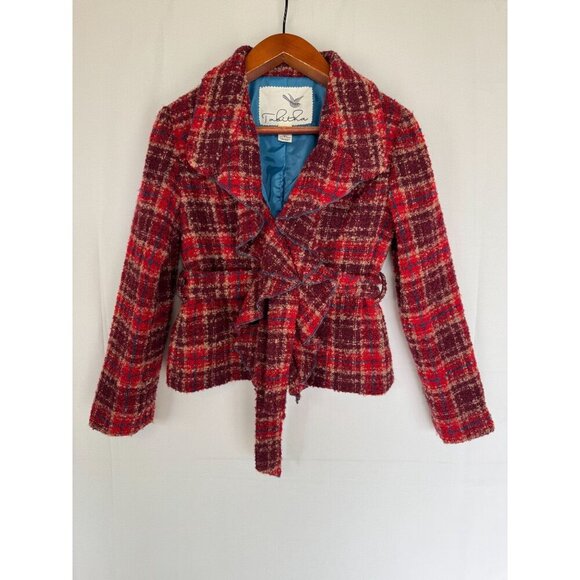 Anthropologie Jackets & Blazers - Anthropologie Tabitha Moretown Burgundy Red Blue Plaid Belted Blazer Size 12